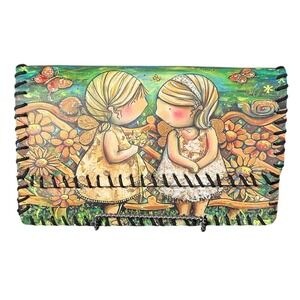 Two Girls Flowers Bench Butterflies Nature Stitched Wallet Clutch One Spring Day